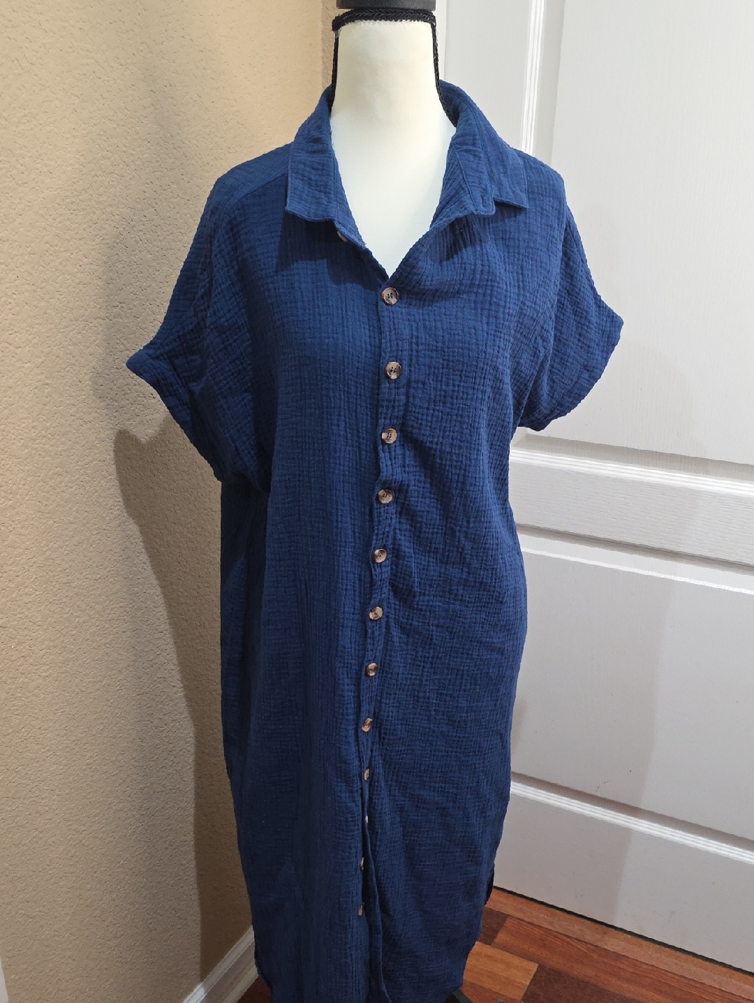 Casual Button-Front Maxi Shirt Dress In Navy Blue